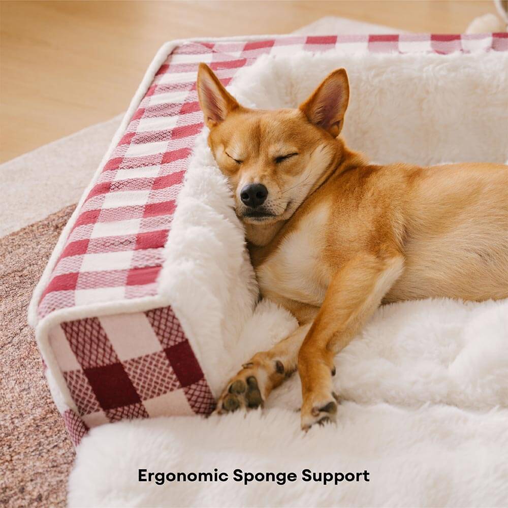 Classic Plaid Ergonomic Calming Dog Bed - Expandable£¦Washable