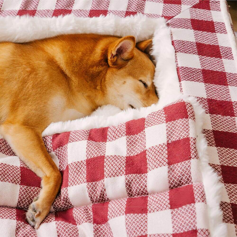 Classic Plaid Ergonomic Calming Dog Bed - Expandable£¦Washable