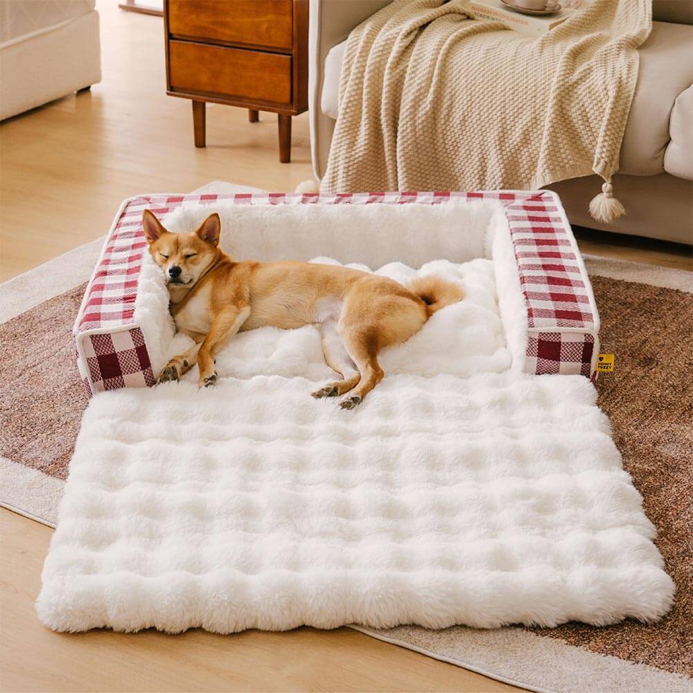 Classic Plaid Ergonomic Calming Dog Bed - Expandable£¦Washable