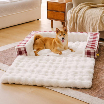 Classic Plaid Ergonomic Calming Dog Bed - Expandable£¦Washable