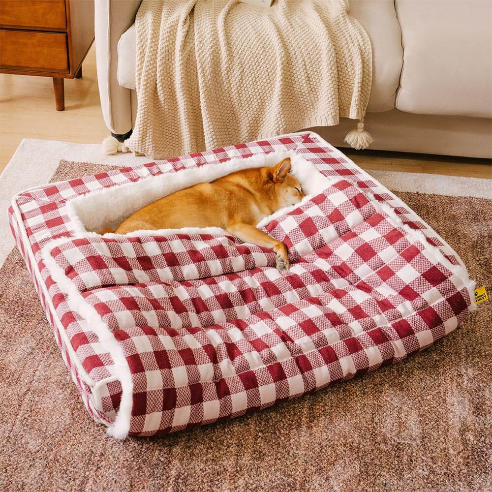 Classic Plaid Ergonomic Calming Dog Bed - Expandable£¦Washable