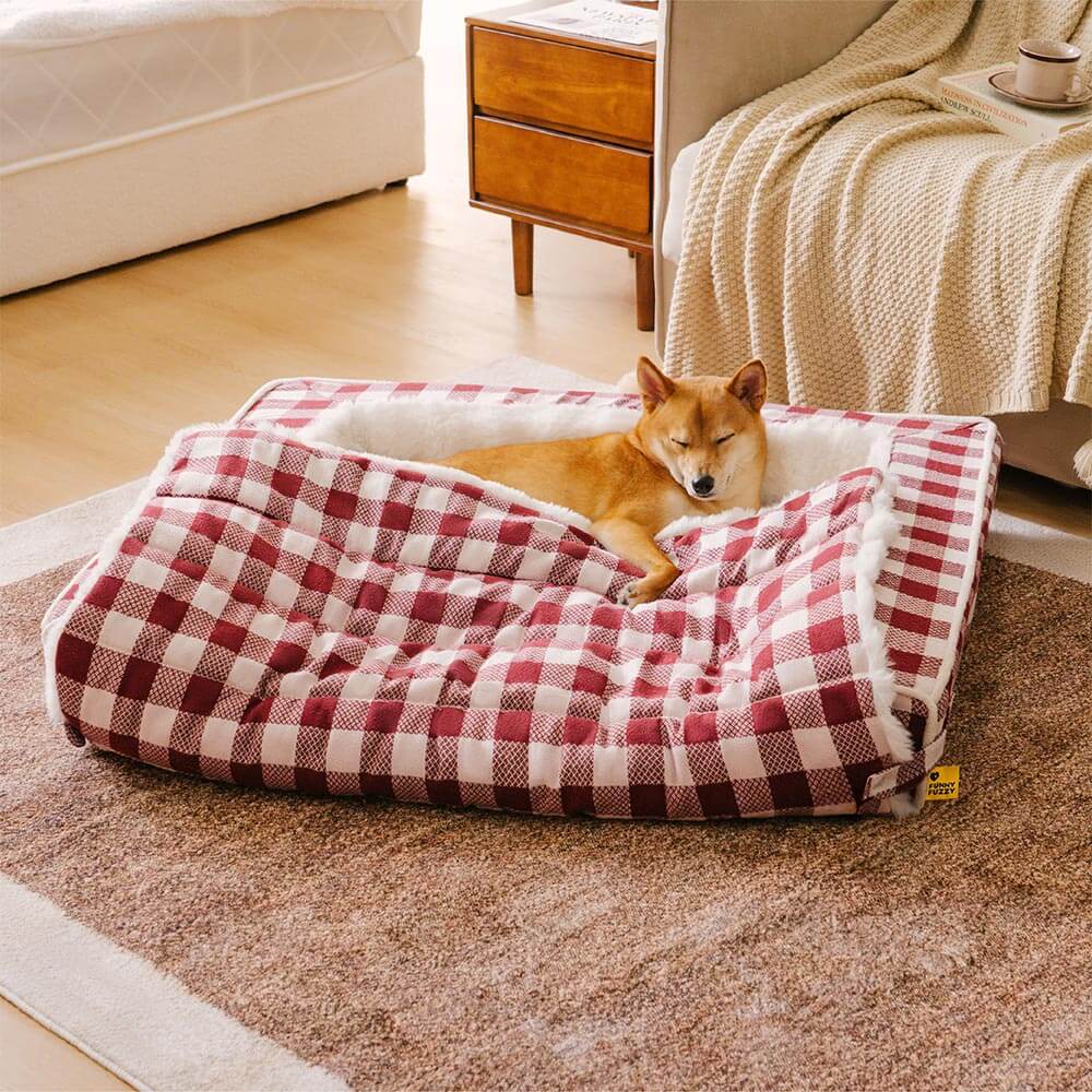 Classic Plaid Ergonomic Calming Dog Bed - Expandable£¦Washable